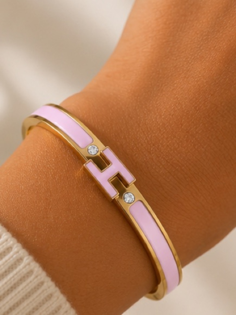 Powder Puff Pink & Gold Enamel H Bangle Bracelet 🌸✨